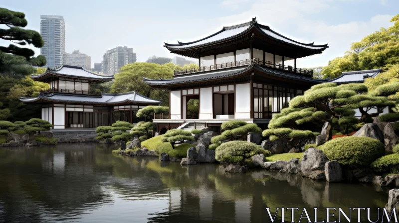 AI ART Tranquil Japanese Garden with Traditional House and Pond