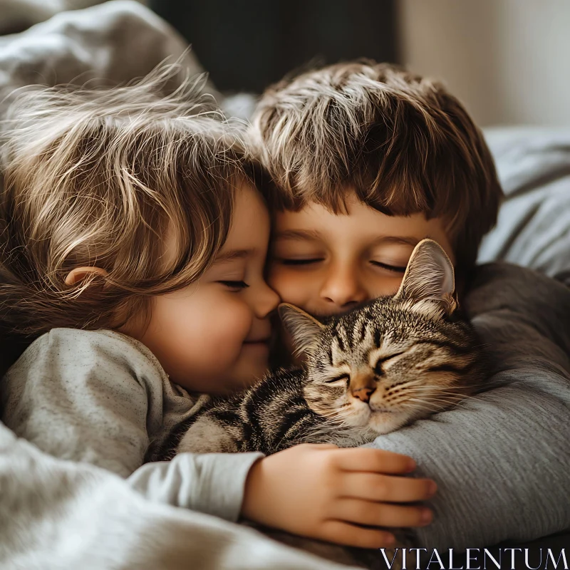 Heartwarming Moment: Kids Embracing Cat AI Image