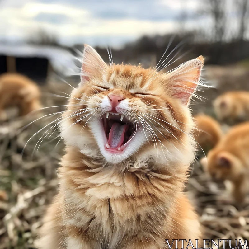 Ginger Cat Yawning Close-Up in Nature AI Image