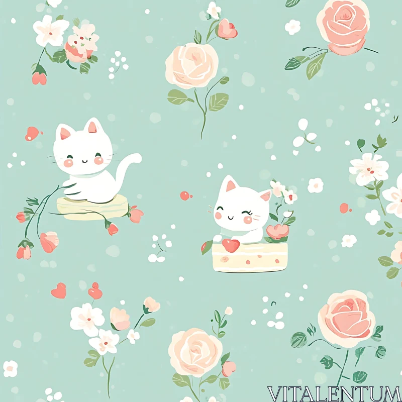 Adorable White Kittens with Floral Background AI Image