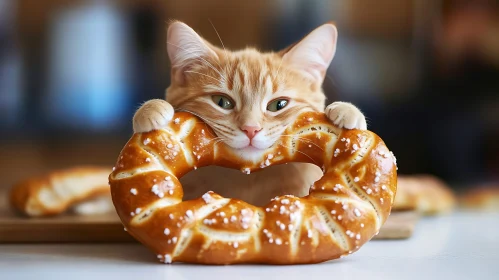 Cute Kitten Holding a Pretzel