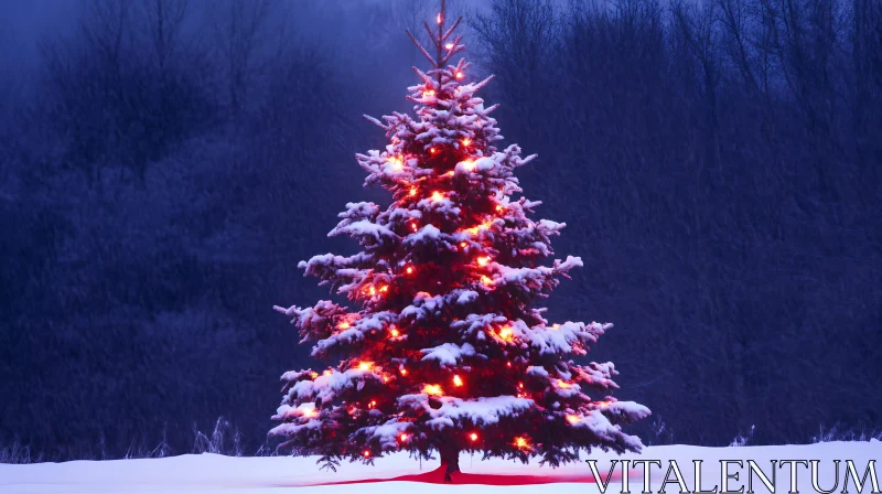 Illuminated Christmas Tree in Snowy Forest AI Image