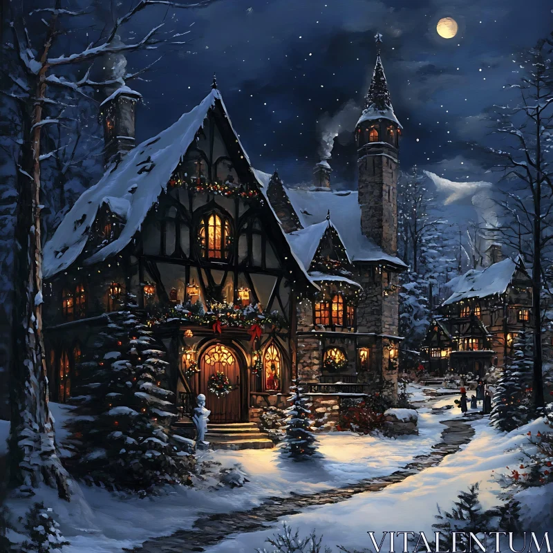 AI ART Magical Christmas Night in a Snowy Cottage Village