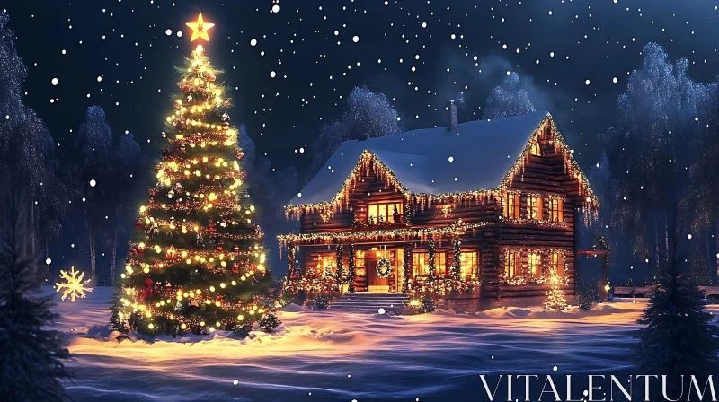 AI ART Festive Holiday Cabin with Decorated Christmas Tree and Snowfall