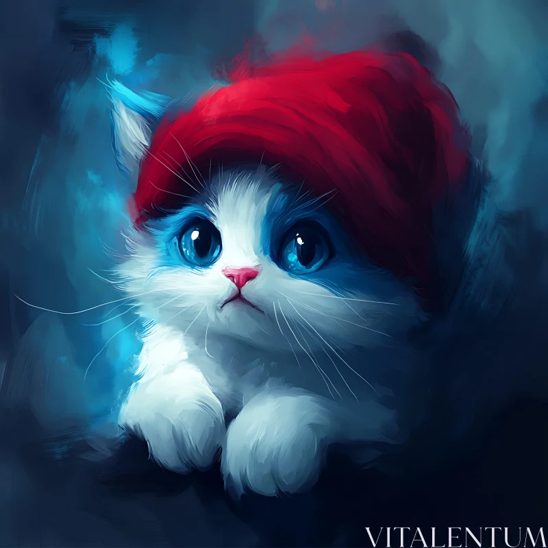 Charming Blue-eyed Kitten with Red Hat AI Image