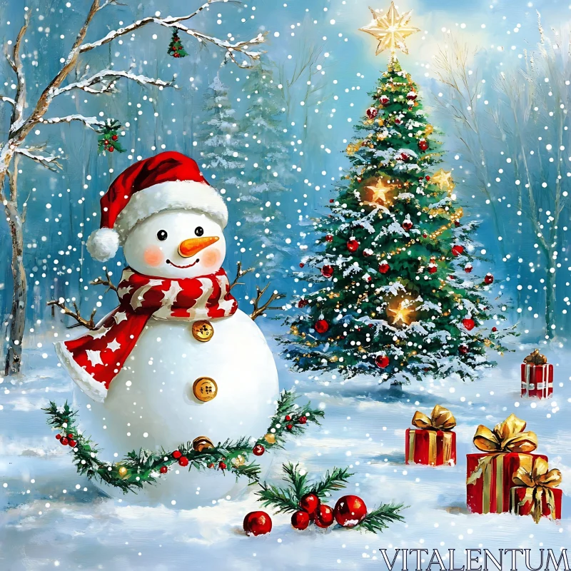 Cheerful Snowman with Christmas Tree and Gifts AI Image