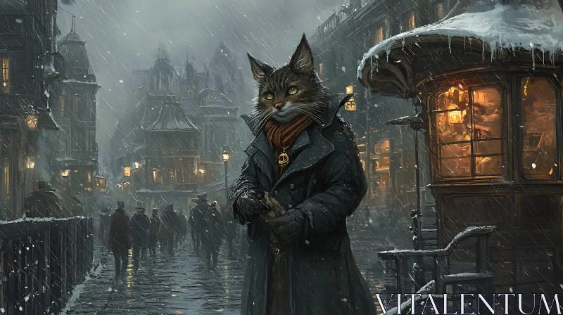 Victorian Cat on Snowy Street AI Image