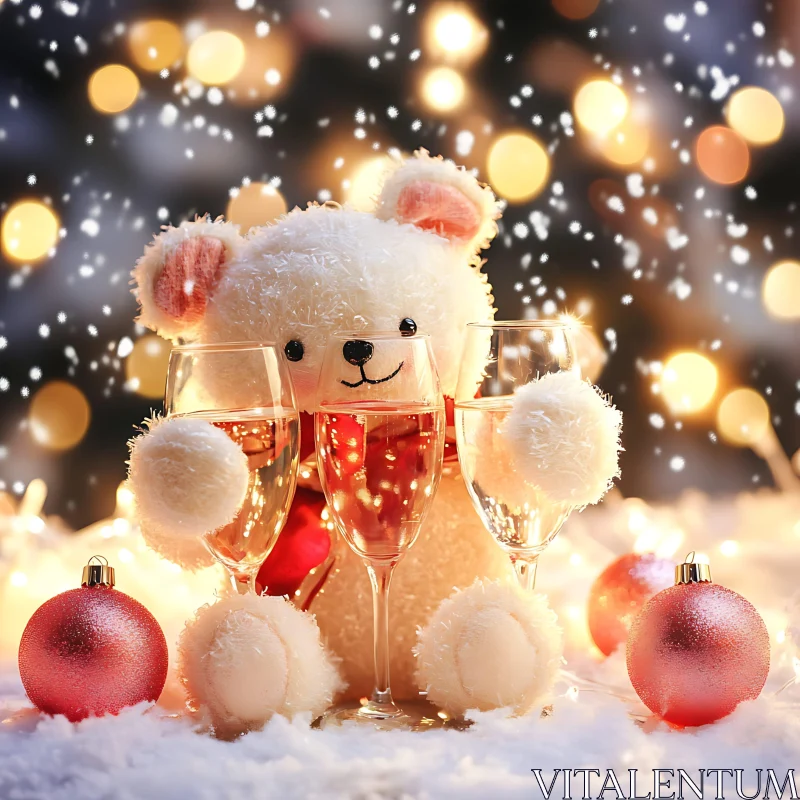 AI ART Holiday Scene with Teddy Bear and Sparkling Wine