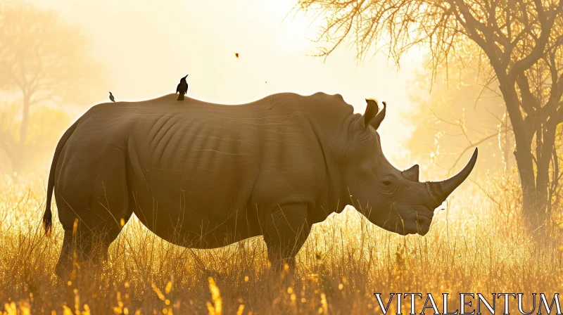 African Savannah Sunrise: Majestic Rhinoceros in Golden Grass Field AI Image