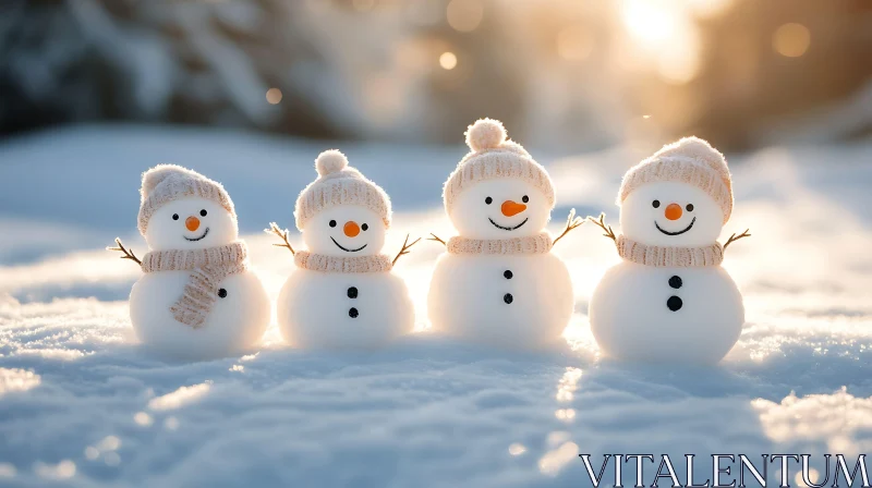 Four Cute Snowmen in a Snow-Covered Field AI Image