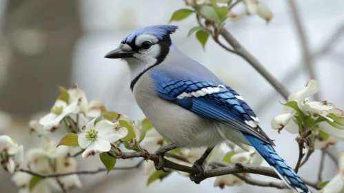 Blue Jay Perched on Flowering Dogwood Tree