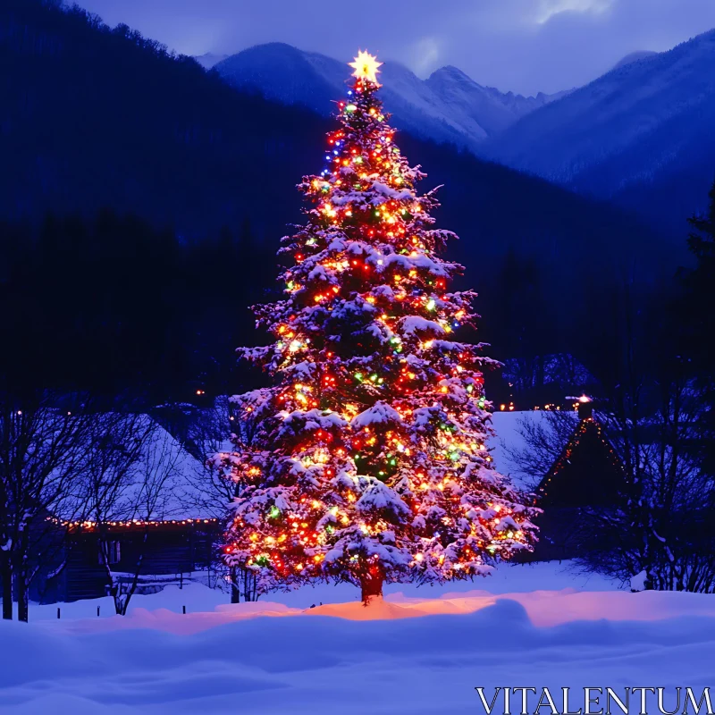 Enchanting Christmas Tree in Winter Wonderland AI Image