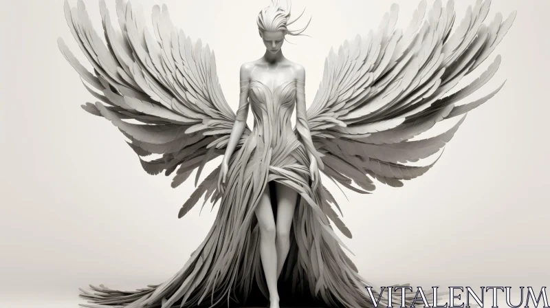 Ethereal 3D Rendering of Female Figure with Feathered Wings AI Image