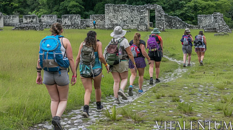 AI ART Exploring Ancient Ruins: Women Walking in Jungle Landscape