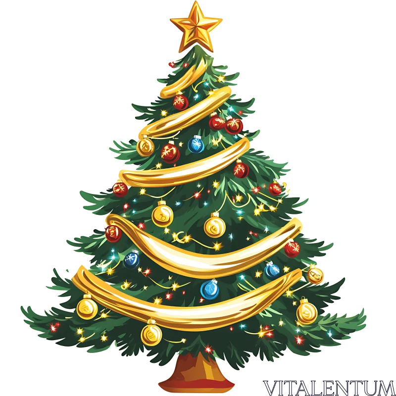 Festive Christmas Tree with Ornaments and Lights AI Image