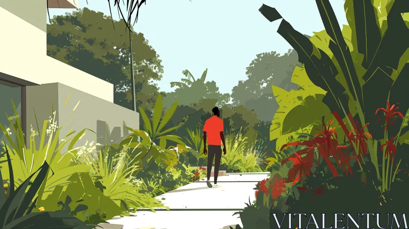Illustration of a Man Walking in a Lush Garden AI Image