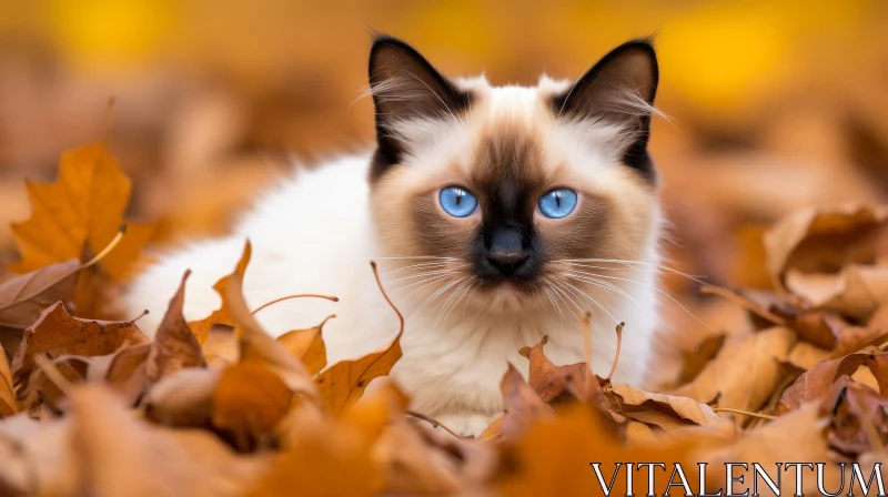 Siamese Cat Portrait in Autumn Leaves AI Image