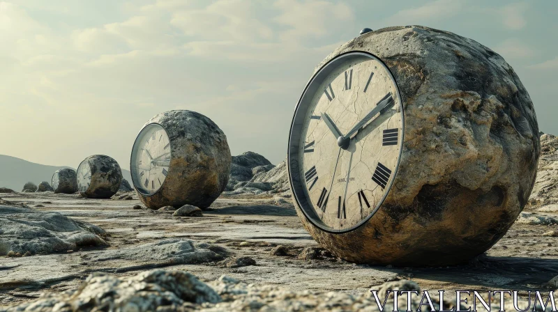 Surreal Desert Landscape with Stone Spheres and Clocks AI Image