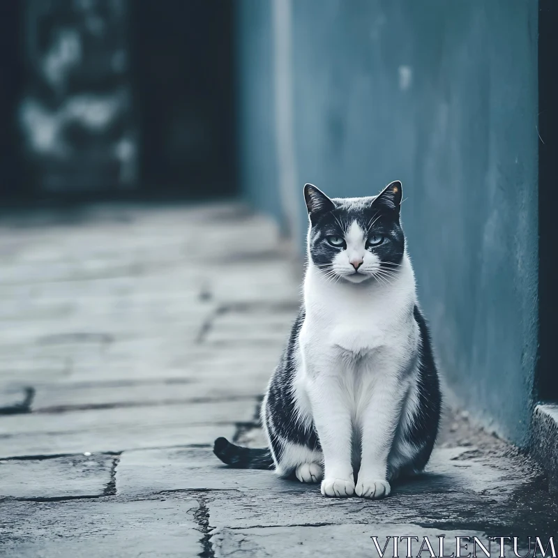 Monochrome Cat on Stone Pathway AI Image