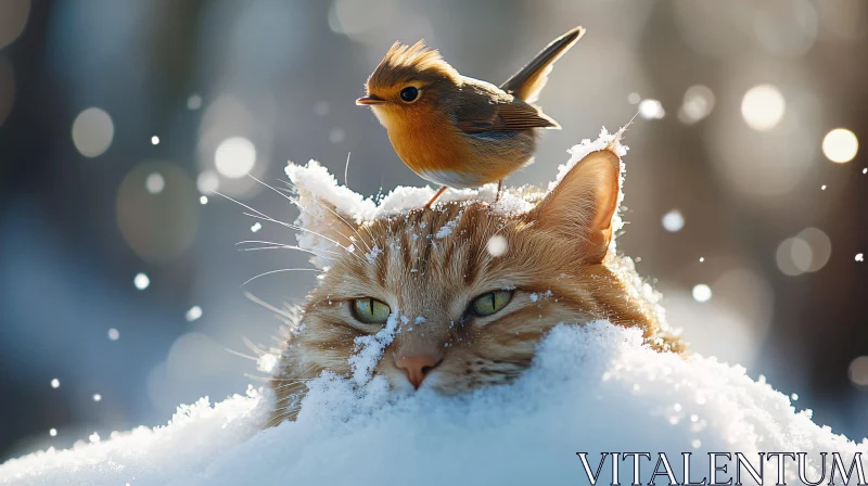 AI ART Peaceful Winter Moment: Cat and Bird