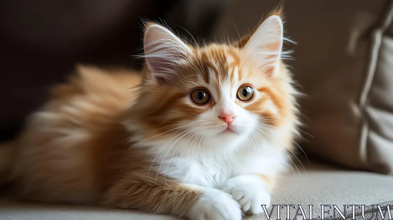 Curious Kitten with Big Eyes Relaxing on Couch AI Image