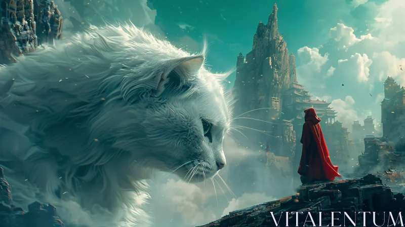 AI ART Fantasy Landscape with Giant Cat and Red Cloak