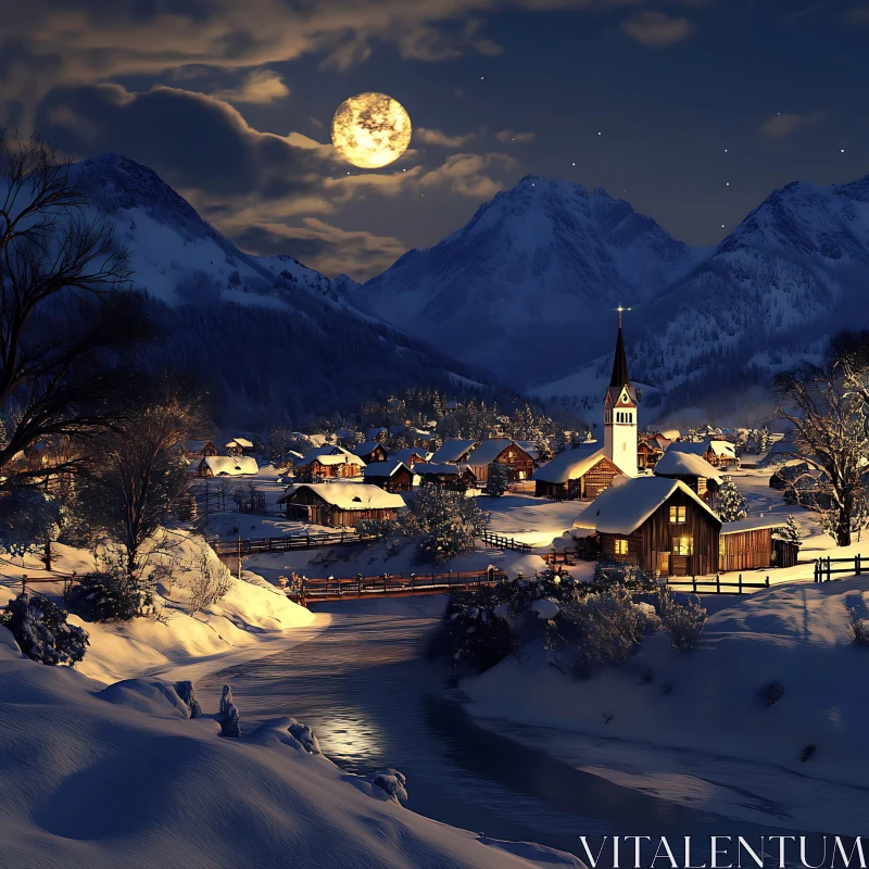 Tranquil Moonlit Winter Village in the Mountains AI Image