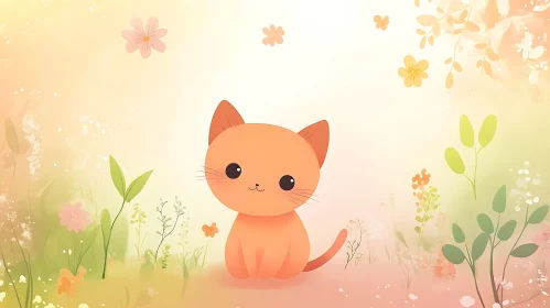 Whimsical Orange Kitten Amidst Pastel Flowers