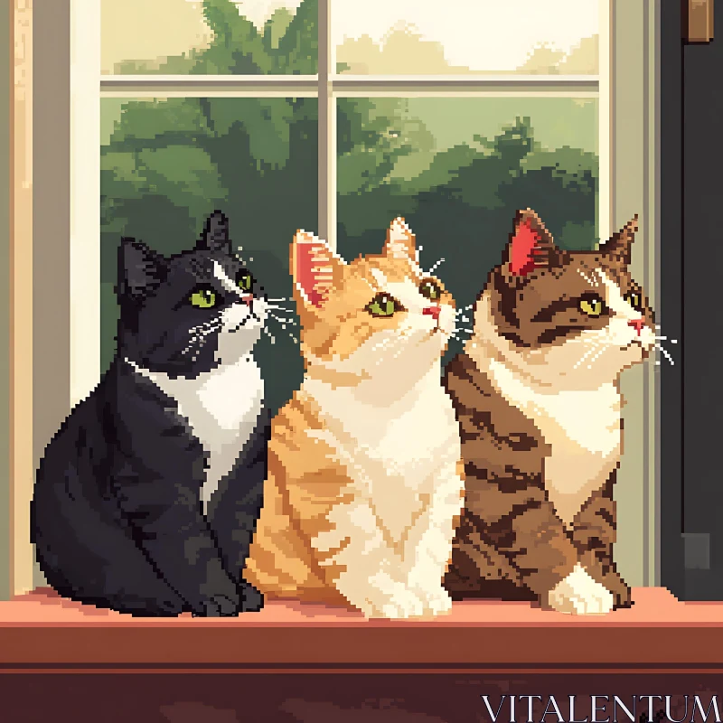 Trio of Cats in Pixel Art by a Window AI Image