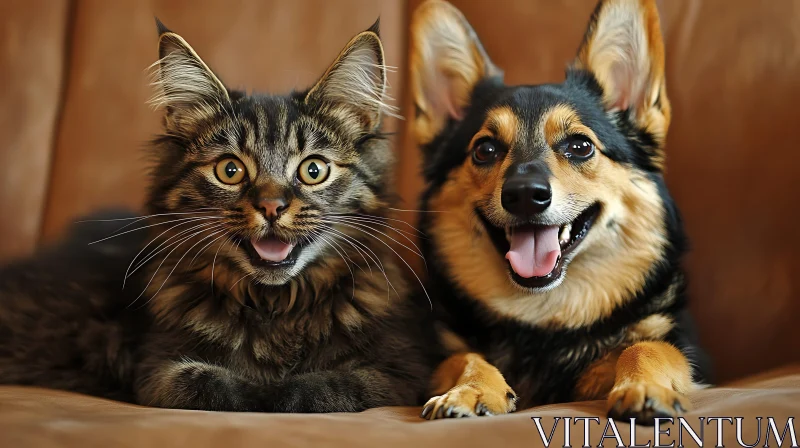 AI ART Happy Cat and Dog Relaxing on a Brown Sofa