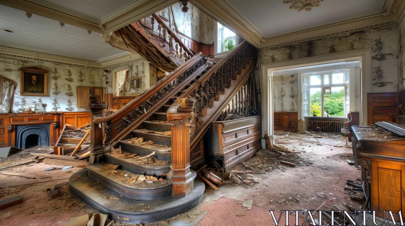 Abandoned Mansion Staircase with Curved Wooden Banister AI Image