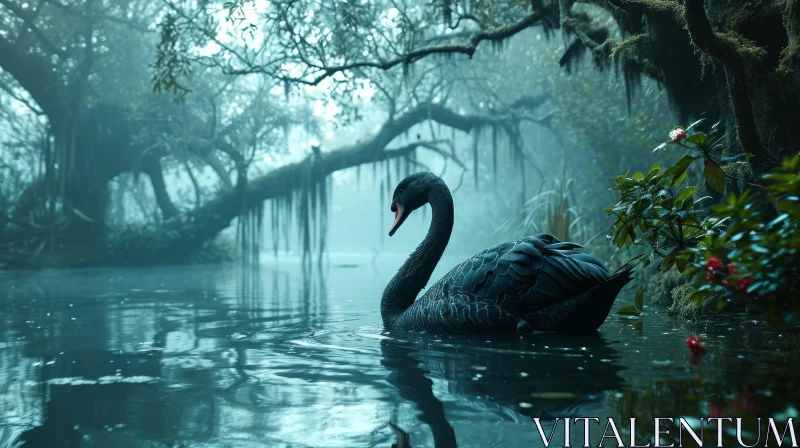 Black Swan Painting in Misty Lake - Serene Nature Art AI Image