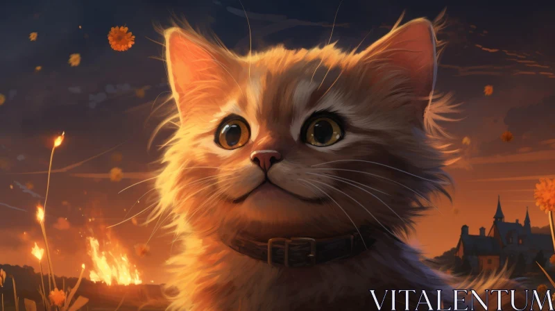 Cat Digital Painting with Sunset and Castle Background AI Image