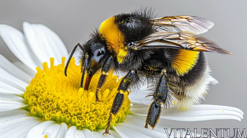 Close-up of a Bumblebee on a White Daisy Flower AI Image