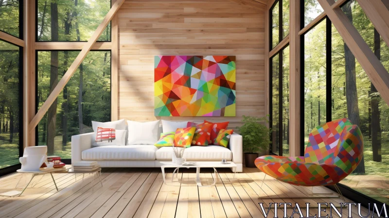 Cozy Living Room with Colorful Painting and Forest View AI Image