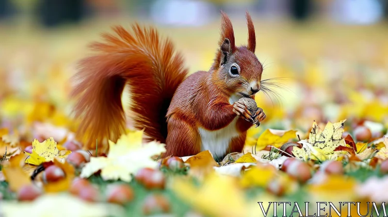 Delicate Red Squirrel on Fallen Leaves with Acorn AI Image