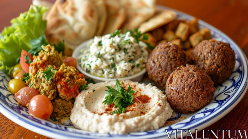 Delicious Close-Up: Falafel, Hummus, Baba Ghanoush, and Pita Bread AI Image