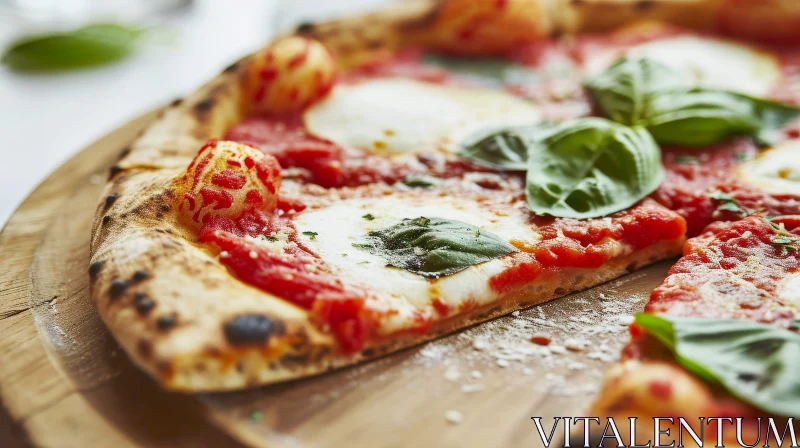 Delicious Pizza on Wooden Board | Fresh Basil and Cheese AI Image