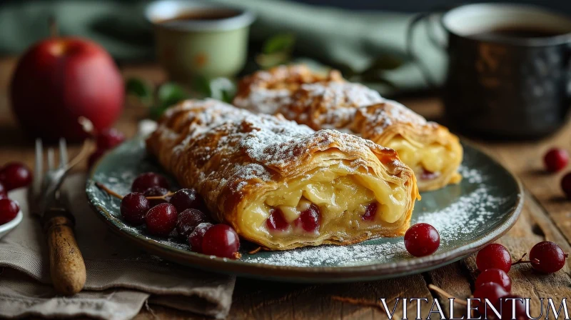 Delicious Strudel on Wooden Table | Food Photography AI Image