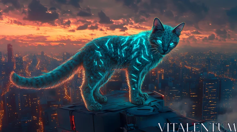 Cyber Cat with Blue Neon Stripes at Twilight AI Image