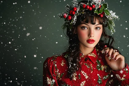 Holiday-Themed Woman Portrait in Snow