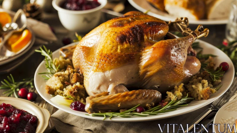 Exquisite Roasted Turkey with Stuffing and Cranberry Sauce AI Image