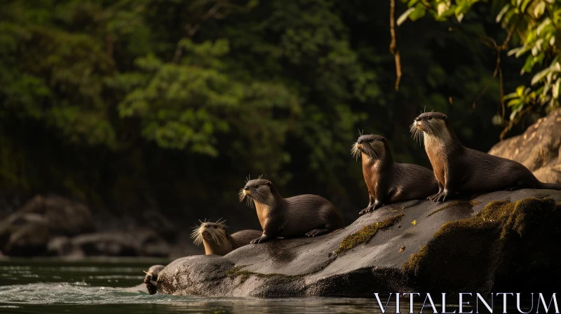Four Otters on a Mossy Rock: A Captivating Wildlife Photograph AI Image