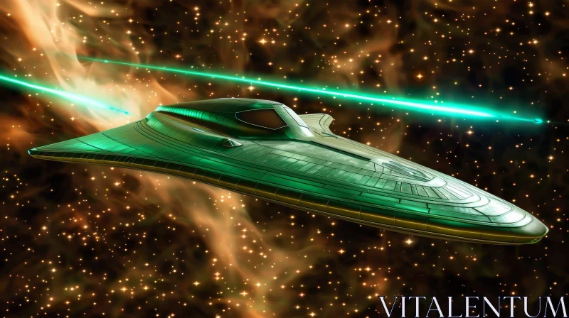 Green Spaceship Flying in Space - Futuristic Sci-Fi Art AI Image