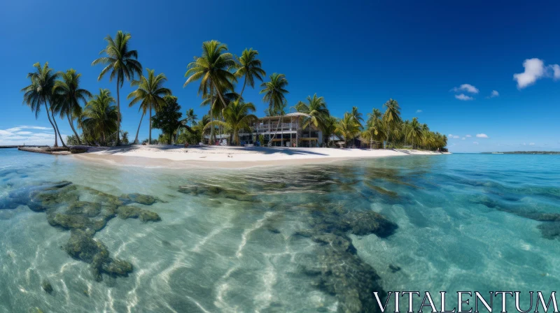 Idyllic Island Landscape with Coconut Palm Houses AI Image