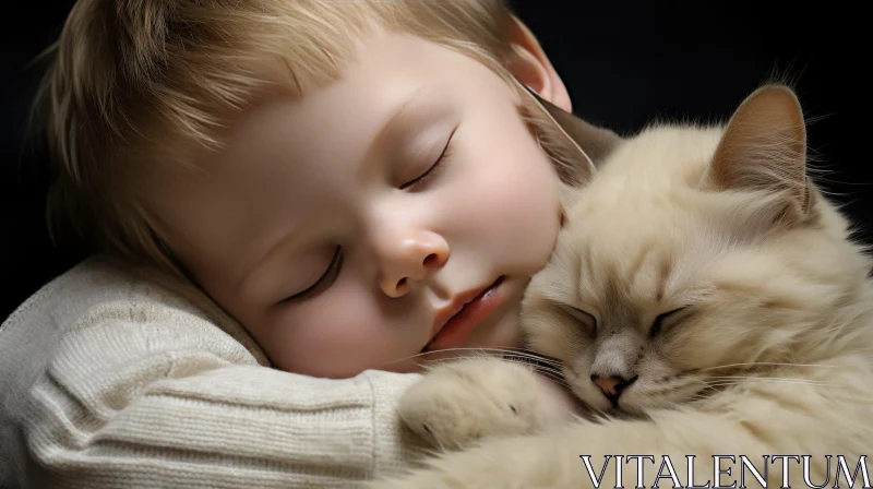 Peaceful Portrait of a Boy and a Cat Sleeping Together AI Image