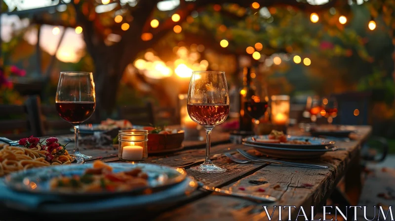AI ART Romantic Dinner Table Setting with Red Wine and Candle | Rustic Ambience