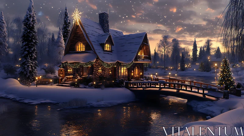 Enchanting Winter Night with a Cozy Cabin and Charming Bridge AI Image