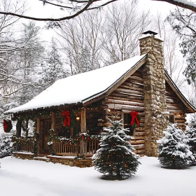 Festively Decorated Winter Cabin in the Snow