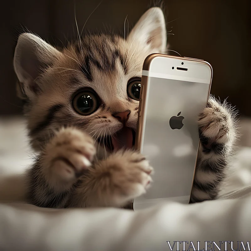 Curious Kitten Holding Smartphone AI Image